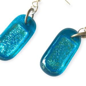 Brilliant turquoise fused dichroic glass drop earrings